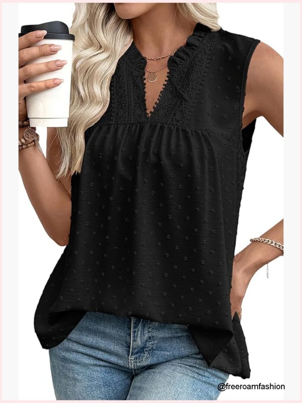 Lace V Neck Sleeveless Blouse Swiss Dot Smocked Shirt Summer Fashion Tank Top